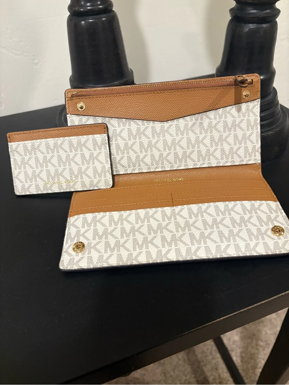 Michael Kors Voyager Logo Tote with Brown Trim and Gold Hardware with Wallet.